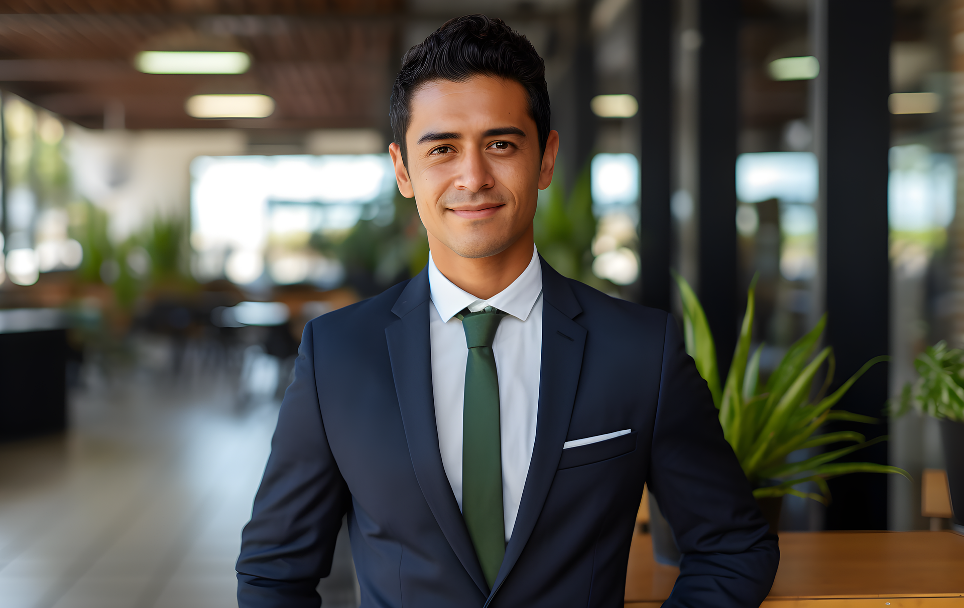 guy wearing a navy suit and forest green tie